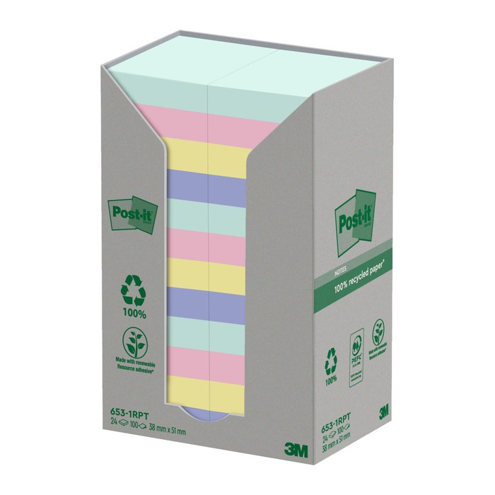 Post-it® Recycling Notes Haftnotizen farbsortiert, 24 Blöcke