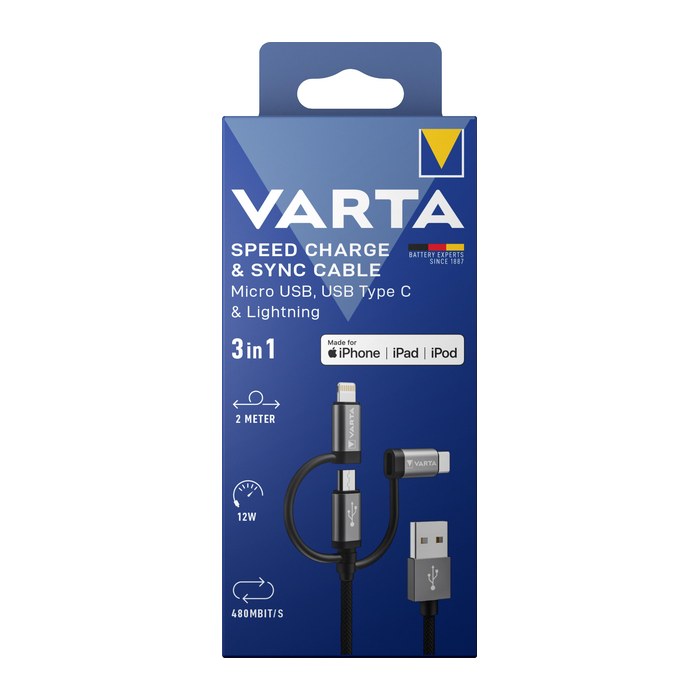 Varta Ladekabel 3in1 USB-A auf Micro-USB/USB-C/Light. 2m sw