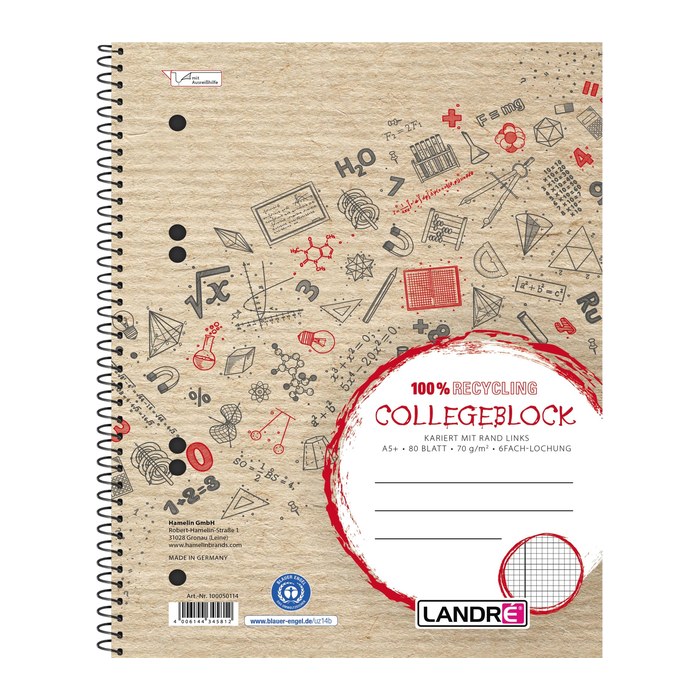 herlitz Collegeblock Recycling Kleinformat kariert mit Rand DIN A5 Innenrand, 1 St.