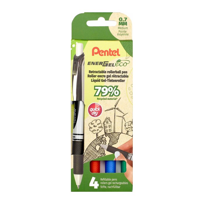 Pentel EnerGel eco BL77 Gelschreiber schwarz, blau, rot, grün 0,35 mm, Schreibfarbe: farbsortiert, 1 Set