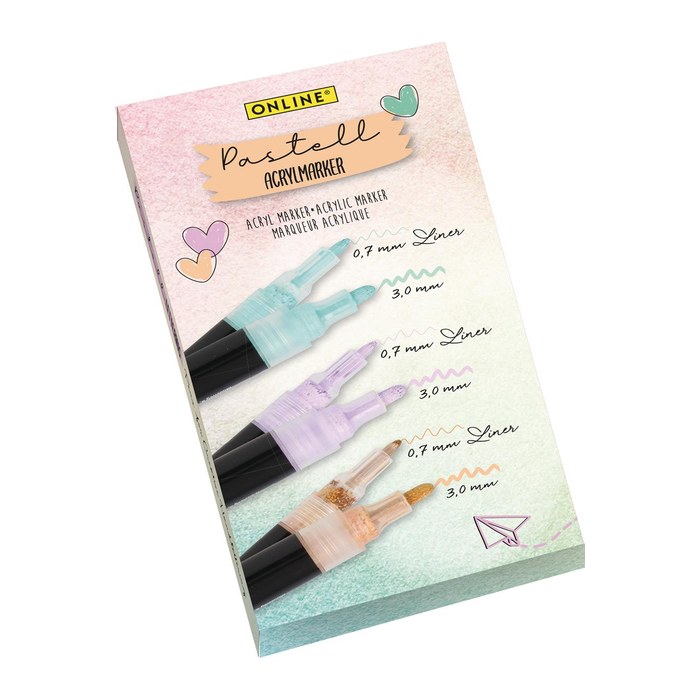 ONLINE® Pastell Lettering Acrylstifte-Set farbsortiert 0,7 + 3,0 mm, 6 St.