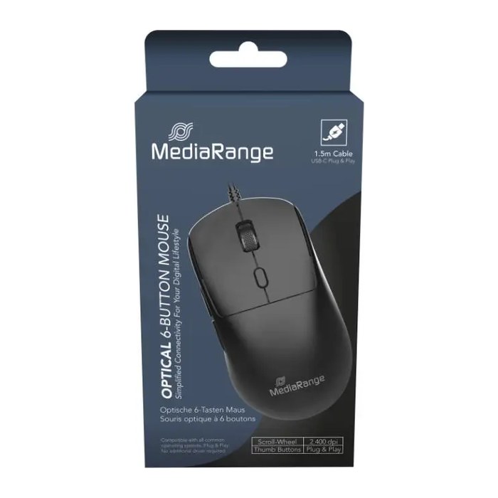 MediaRange Maus 6 Tasten kabelge. USB-C 800-2400 dpi sw