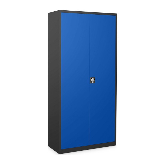 Aktenschrank aus Stahl – 800 x 380 (4,5 OH) – Korpus in Tiefschwarz (Türen Enzianblau)
