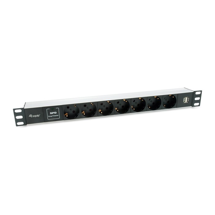 Equip 19" Steckdosenleiste 7xSchuko/2xUSBA->St.90°ÜSS Alu.
