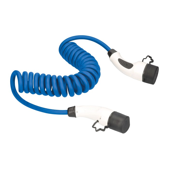 as-Schwabe MODE 3 Spiral Ladekabel für Elektroautos Typ 2 auf Typ 2 blau 400 V, 16 A, 11,0 KW, 1,0 - 5,0 m