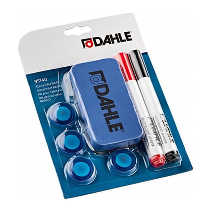 DAHLE Whiteboard-Zubehör-Set BASIC 1 Wischer magnetisch, 2 Whiteboard-Marker (rot, schwarz), 4 Magnete (Durchmesser 3,0 cm)