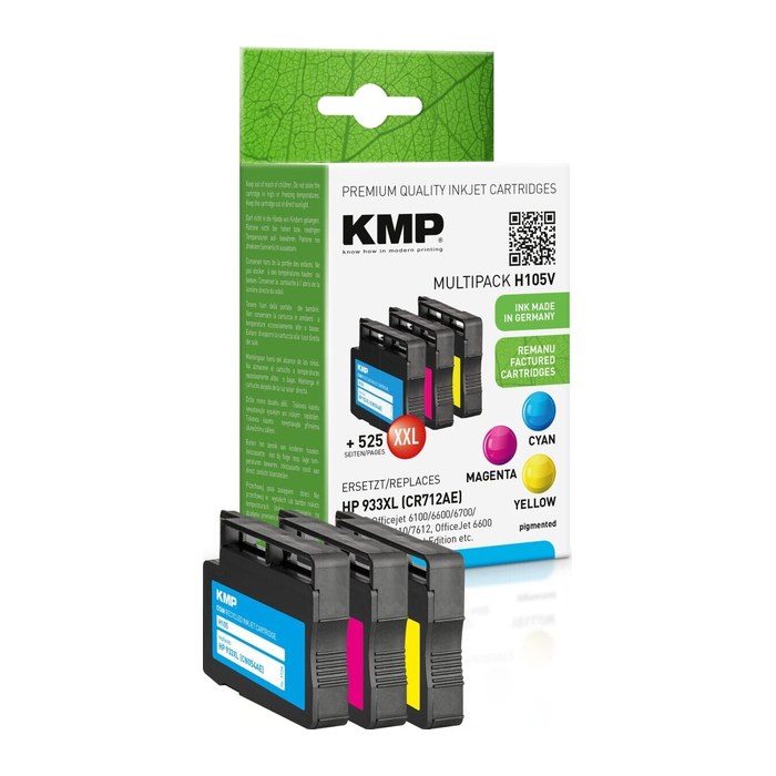 KMP H105V cyan, magenta, gelb Druckerpatronen kompatibel zu HP 933XL (CN054AE, CN055AE, CN056AE), 3er-Set