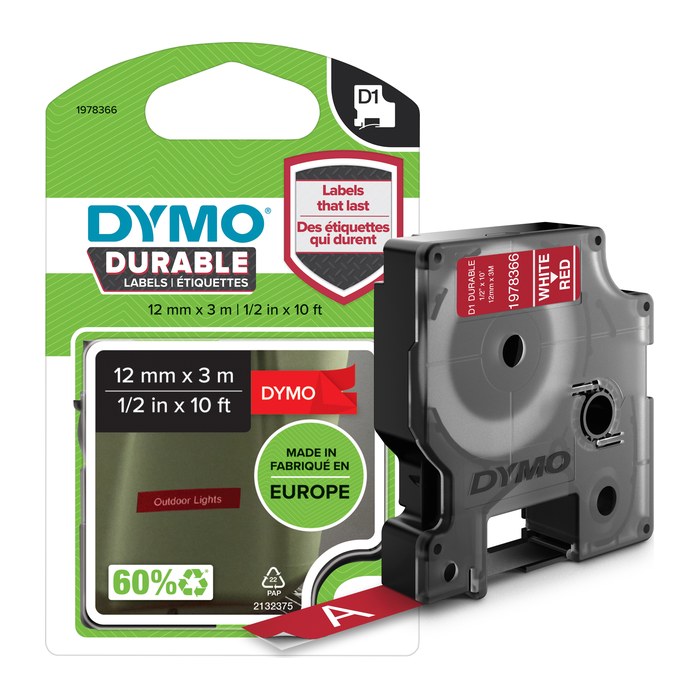 DYMO Schriftband D1 1978366, 12 mm, weiß auf rot, 1 St.