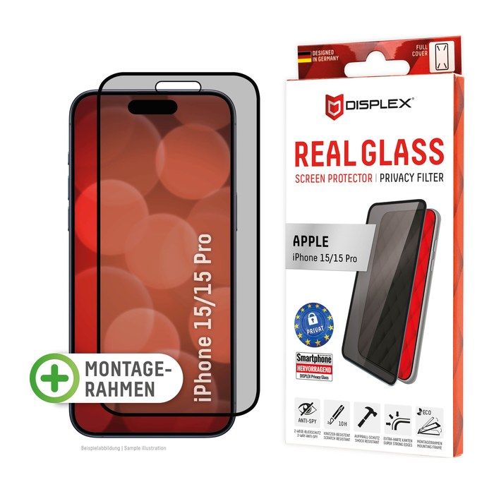 DISPLEX® Real Glass Display-Blickschutzglas für Apple iPhone 15, iPhone 15 Pro