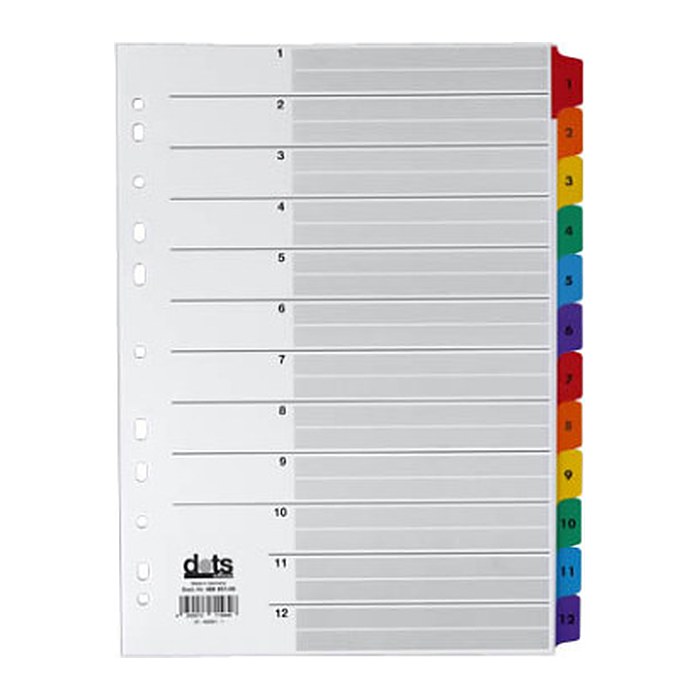 dots Ordnerregister Mylar DIN A4 Vollformat 1-12 farbig 12-teilig, 1 Satz