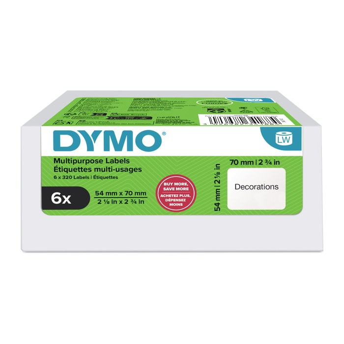 DYMO Etikettenrolle für Etikettendrucker weiß, 54,0 x 70,0 mm, 6 x 320 Etiketten