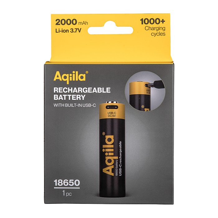 Aqiila® USB-Akku mit Ladekabel USB-C Li-Ion 18650 2.000 mAh, 1 St.