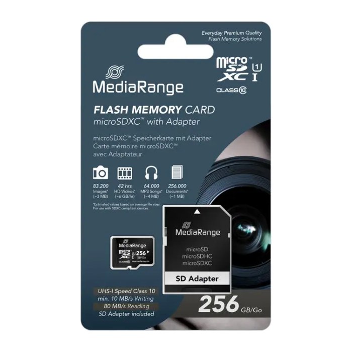 MediaRange SD MicroSD Card 256GB UHS-1 Cl.10 inkl. Adapter