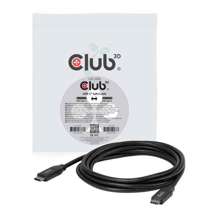 Club3D USB-C Sicherheitsladekabel 240W 2m St/St Polybeutel