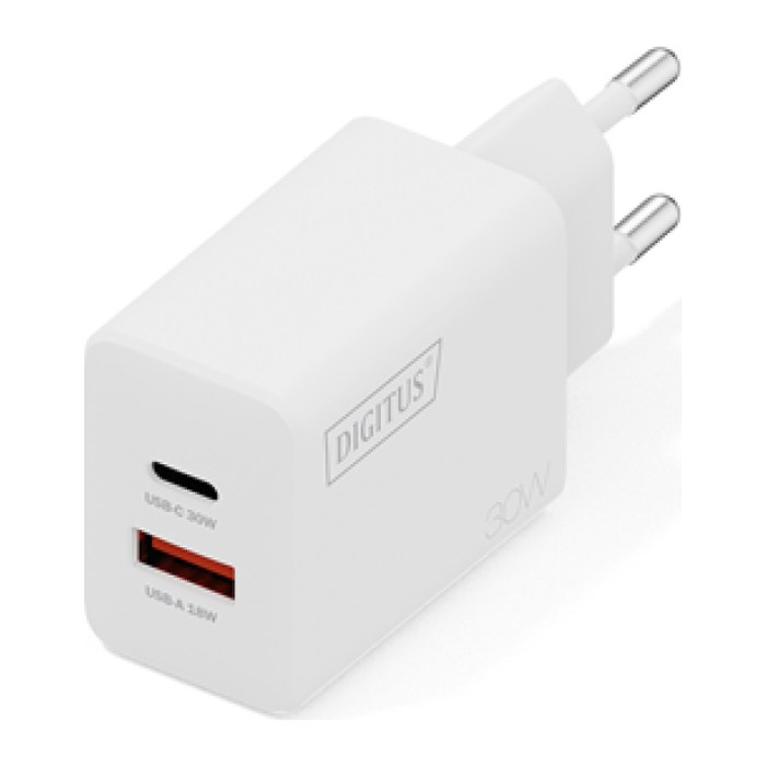 DIGITUS USB-Ladegerät GaN 30W, 1x USB-C, 1x USB-A weiß