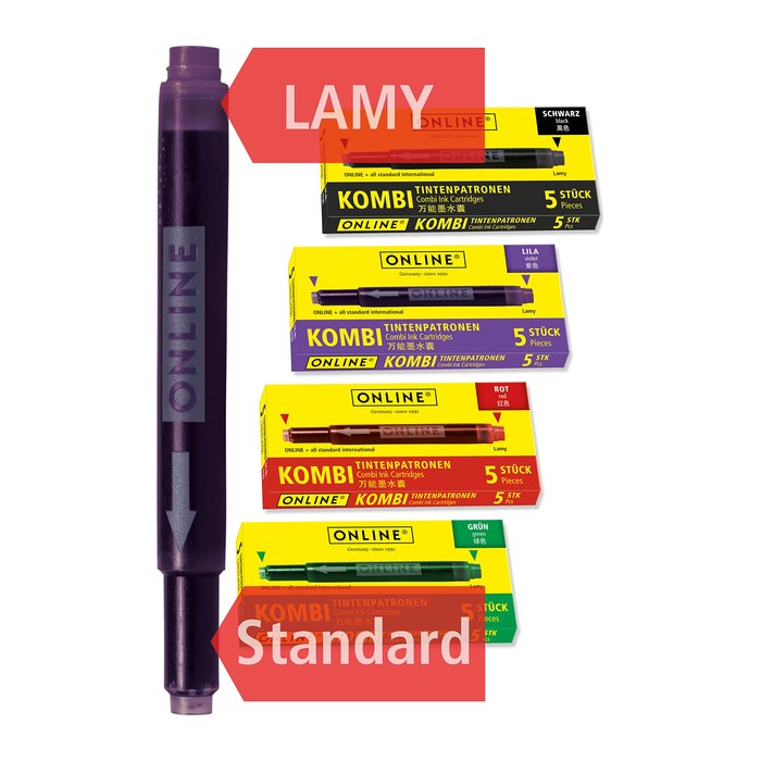 ONLINE® Tintenpatronen für Füller 17026 5x lila, 5x grün, 5x schwarz, 5x rot, 20 St.