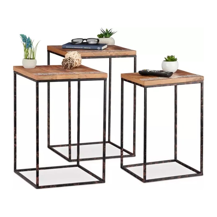 relaxdays Beistelltische-Set rechteckig Holz braun, 3 St.
