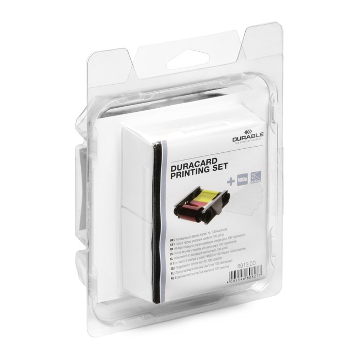 DURABLE YMCKO-Farbband und 100 Plastikkarten (0,76 mm) mehrfarbig Farbband-Set
