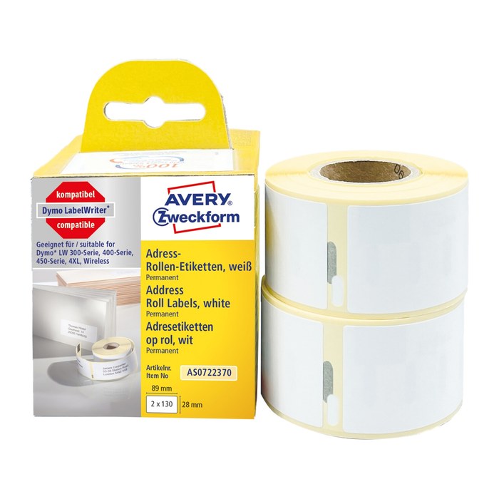 AVERY Zweckform Etikettenrollen für Etikettendrucker AS0722370 weiß, 89,0 x 28,0 mm, 2 x 130 Etiketten