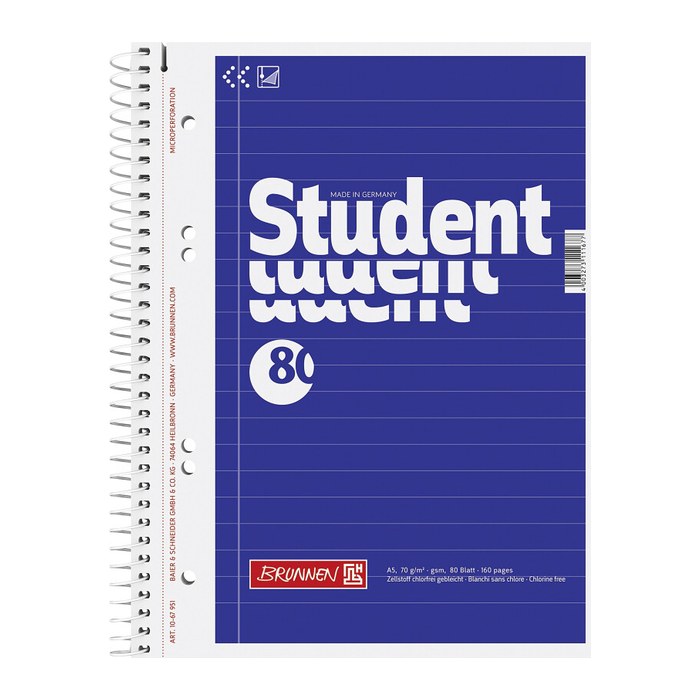 BRUNNEN Collegeblöcke Student Kleinformat liniert DIN A5 Innenrand, 1 Block