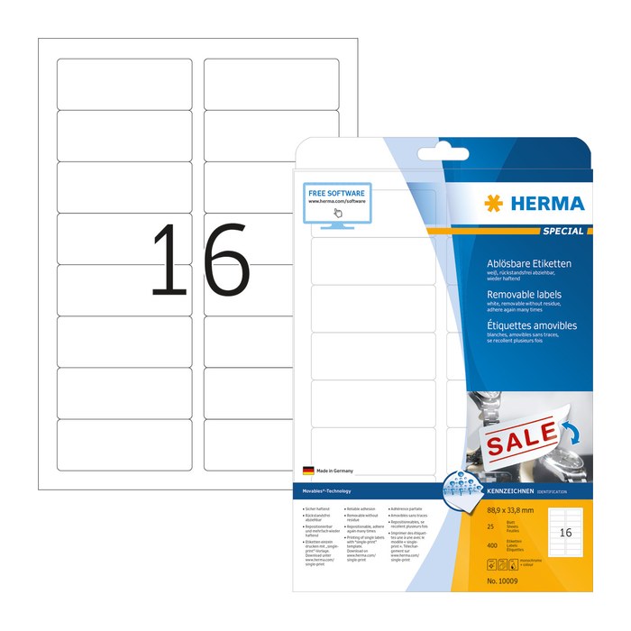 HERMA Etiketten 10009 weiß 88,9 x 33,8 mm, 25 Blatt