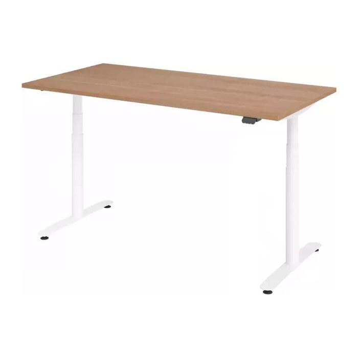 HAMMERBACHER VXDLR16 elektrisch höhenverstellbarer Schreibtisch nussbaum rechteckig, T-Fuß-Gestell weiß 160,0 x 80,0 cm