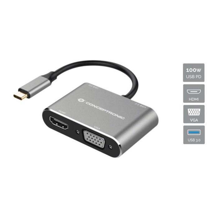 CONCEPTRONIC 4-1 Dock USB-C->HDMI/USB-A/VGA/100WPD 15cm gr