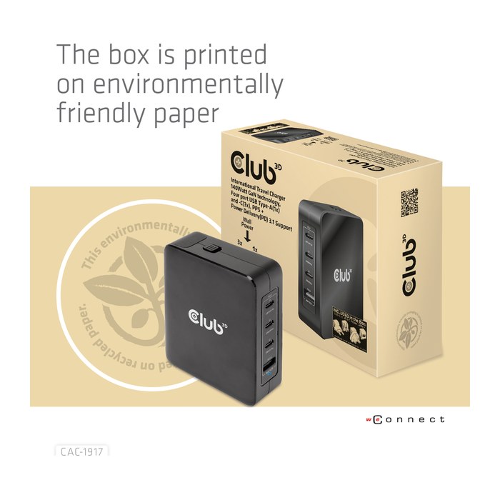 Club3D Ladegerät 3xUSB Typ C, 1xUSB Typ A, PD 140W, GaN retail