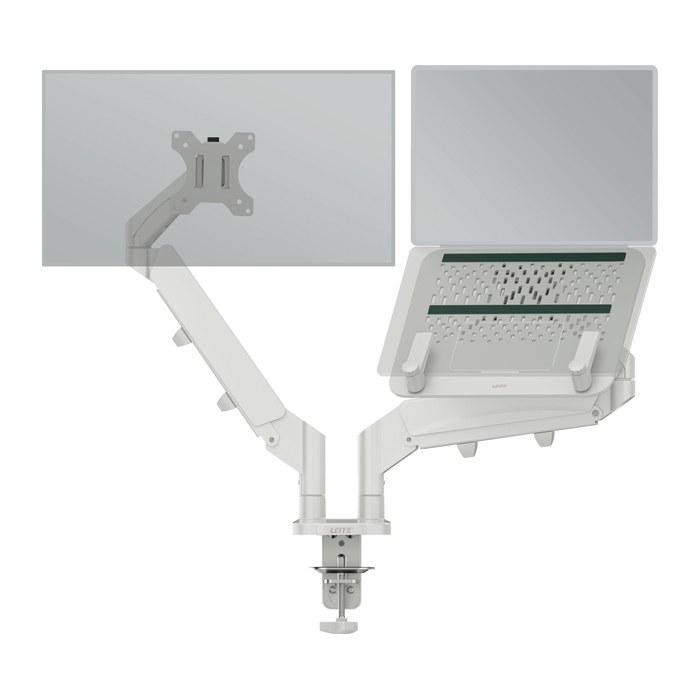 LEITZ Laptop-Monitor-Halterung Ergo 65380085 lichtgrau für 1 Monitor und 1 Laptop, Tischklemme
