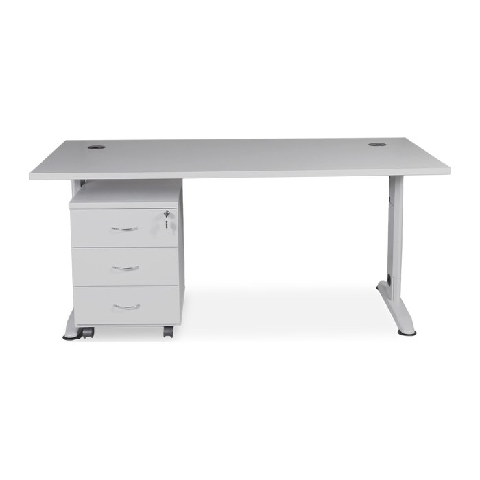 Set: T-Fuß Schreibtisch mit Holz-Rollcontainer (3 Schübe) (1600 x 800 mm, Platte Grau)