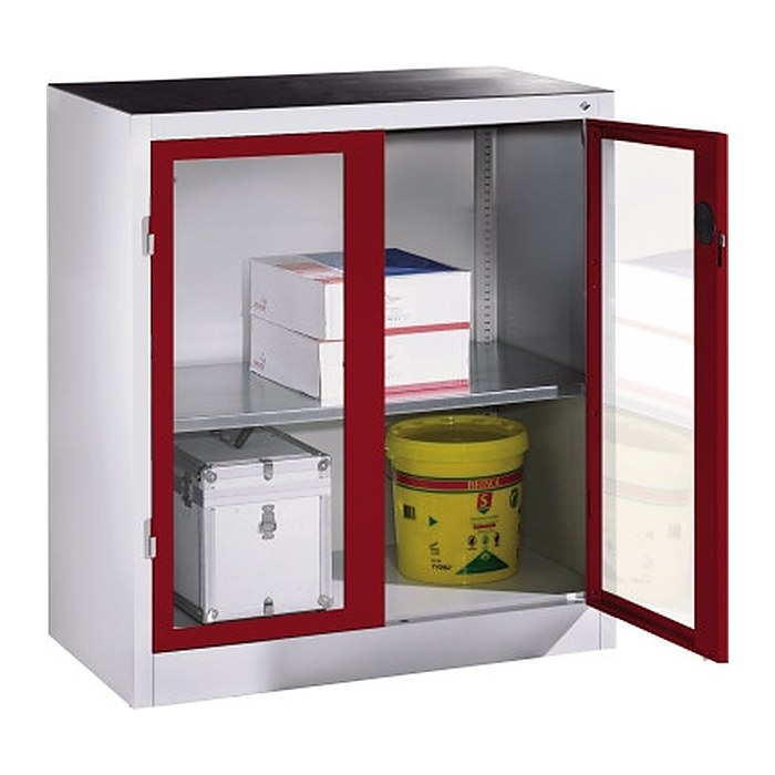 CP Stahlschrank 8821-055 S10203 lichtgrau, rubinrot, Acrylglas 1 Fachboden 93,0 x 50,0 x 100,0 cm, aufgebaut, 1 St.