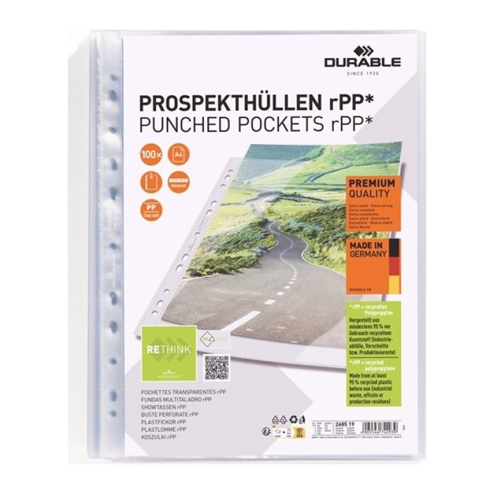DURABLE Prospekthüllen PREMIUM Recycling DIN A4 transparent genarbt 0,08 mm, 100 St.