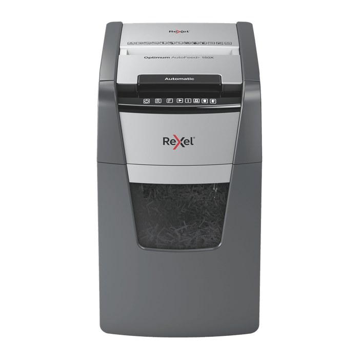 AKTION: Rexel Optimum AutoFeed+150X Aktenvernichter mit Partikelschnitt P-4, 4 x 28 mm, bis 150 Blatt, schwarz mit 40 Euro CashBack