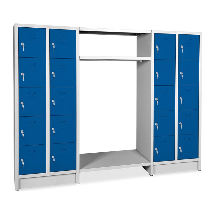 Schließfachgarderobe (20-Fächer) – Korpus in Lichtgrau (2040 x 500 x 1800 mm, Türen Enzianblau)