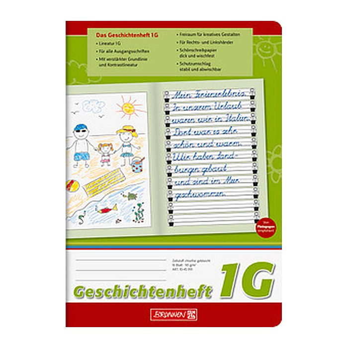 BRUNNEN Geschichtenheft Lineatur 1G liniert DIN A5 ohne Rand, 16 Blatt, 1 St.