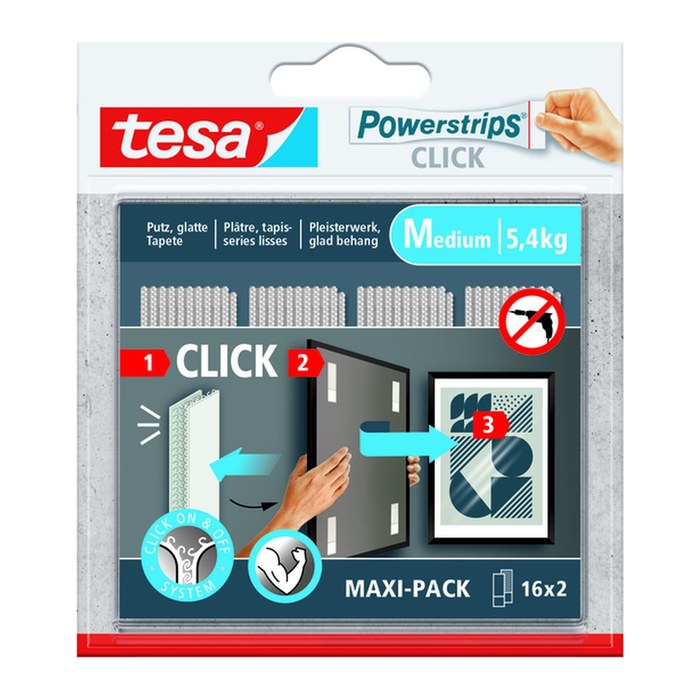 tesa Klettstreifen Powerstrips MEDIUM Click weiß, 16 St.
