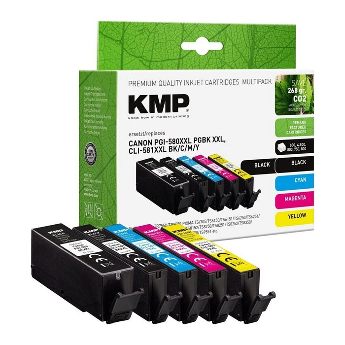 KMP 1x pigmentschwarz, 1x schwarz, 1x cyan, 1x magenta, 1x gelb Druckerpatronen kompatibel zu Canon PGI-580XXL PGBK, CLI 581XXL BK/C/M/Y, 5er-Set