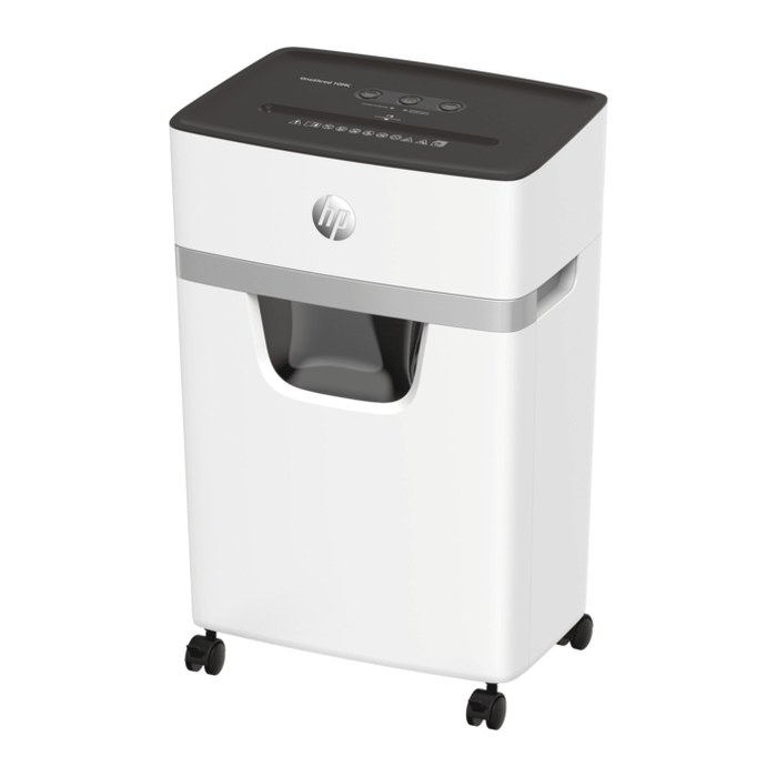 HP OneShred 10MC Aktenvernichter mit Partikelschnitt P-5, 2 x 15 mm, bis 10 Blatt, weiß
