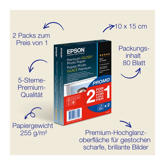 EPSON Fotopapier S042167 10,0 x 15,0 cm glänzend 255 g/qm 2x 40 Blatt
