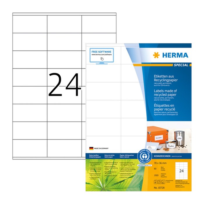 HERMA Etiketten weiß 70,0 x 36,0 mm, 80 Blatt