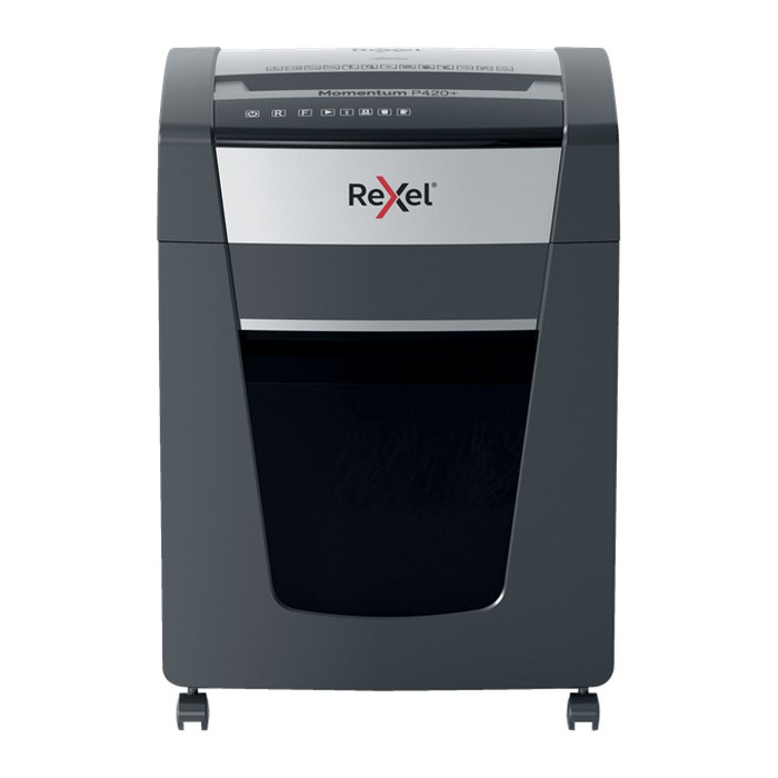 AKTION: Rexel Momentum P420+ Aktenvernichter mit Partikelschnitt P-4, 4 x 35 mm, bis 20 Blatt, grau mit 25 Euro CashBack