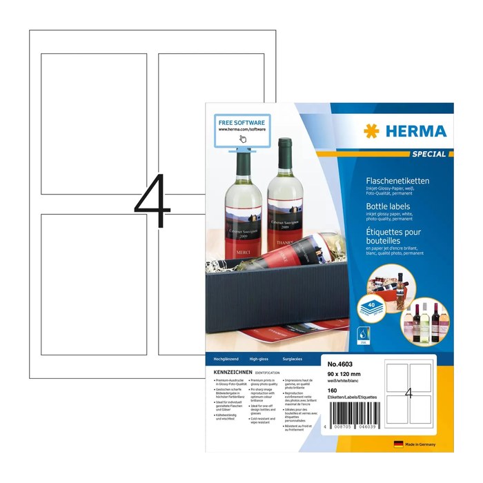 HERMA Flaschenetiketten 4603 weiß 90,0 x 120,0 mm, 40 Blatt