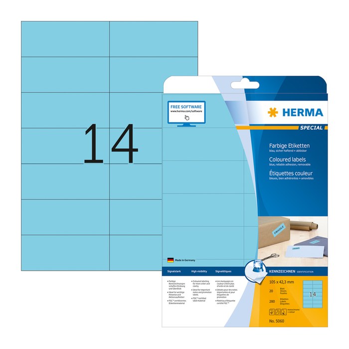 HERMA Etiketten 5060 blau 105,0 x 42,3 mm, 20 Blatt