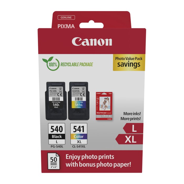 Canon PG-540L + CL-541XL schwarz, color Druckköpfe + Fotopapier, 2er-Set
