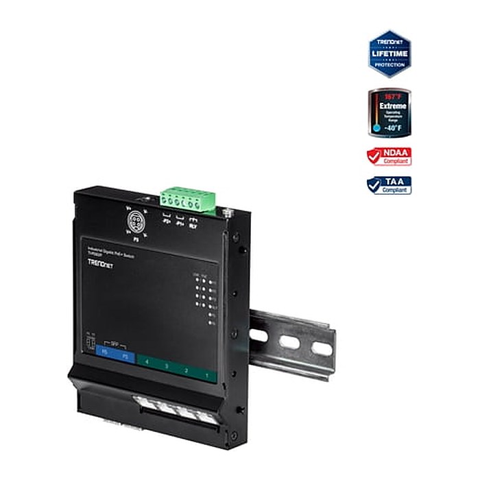 TRENDnet Industrial Switch 6-Port Gbit PoE+ WallM. FrontAcc