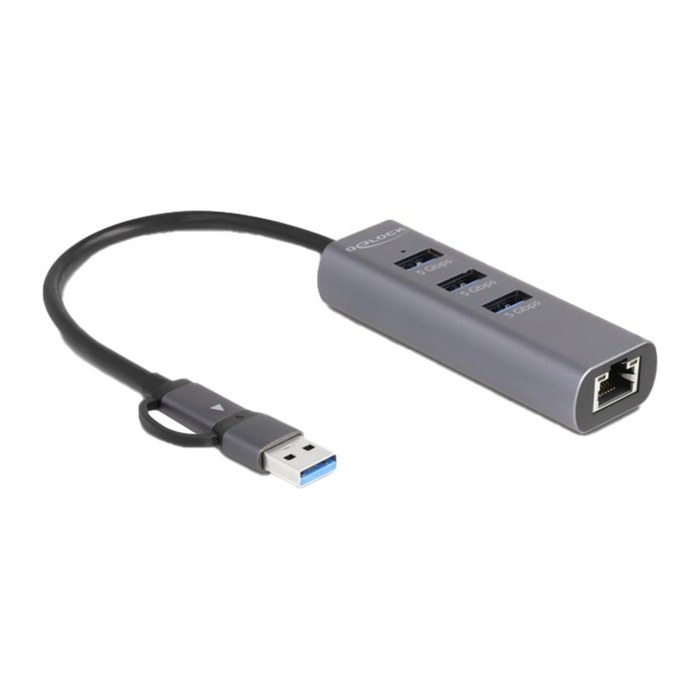 DELOCK 3 Port USB 5 Gbps Hub + Gigabit LAN mit USB Type-C