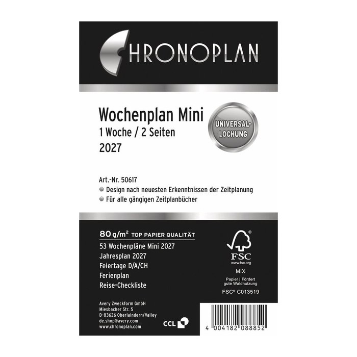 CHRONOPLAN Kalendereinlage 2027 Wochenplan Mini (7,9 x 12,5 cm)