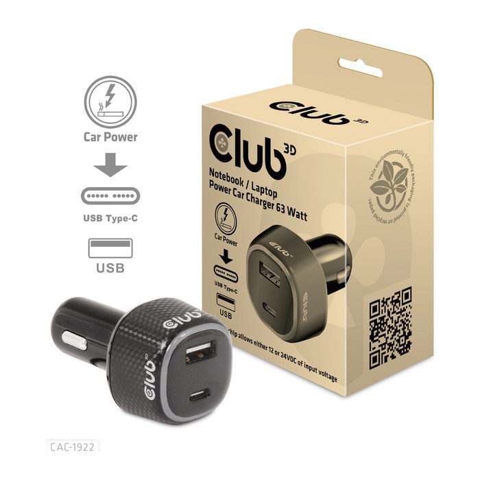Club3D USB KFZ-Ladegerät 1xUSB C, 1xUSB A, 63W, 12/24V retail