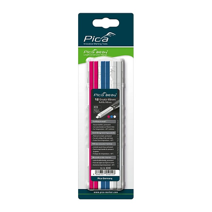 Pica Big Dry Tiefbau 6040 Ersatzminen für Tieflochmarker-Bleistift farbsortiert 2,0 - 5,0 mm, 12 St.