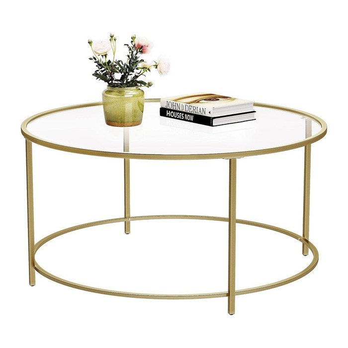 VASAGLE Couchtisch rund Glas gold 84,0 x 84,0 x 45,5 cm, 1 St.